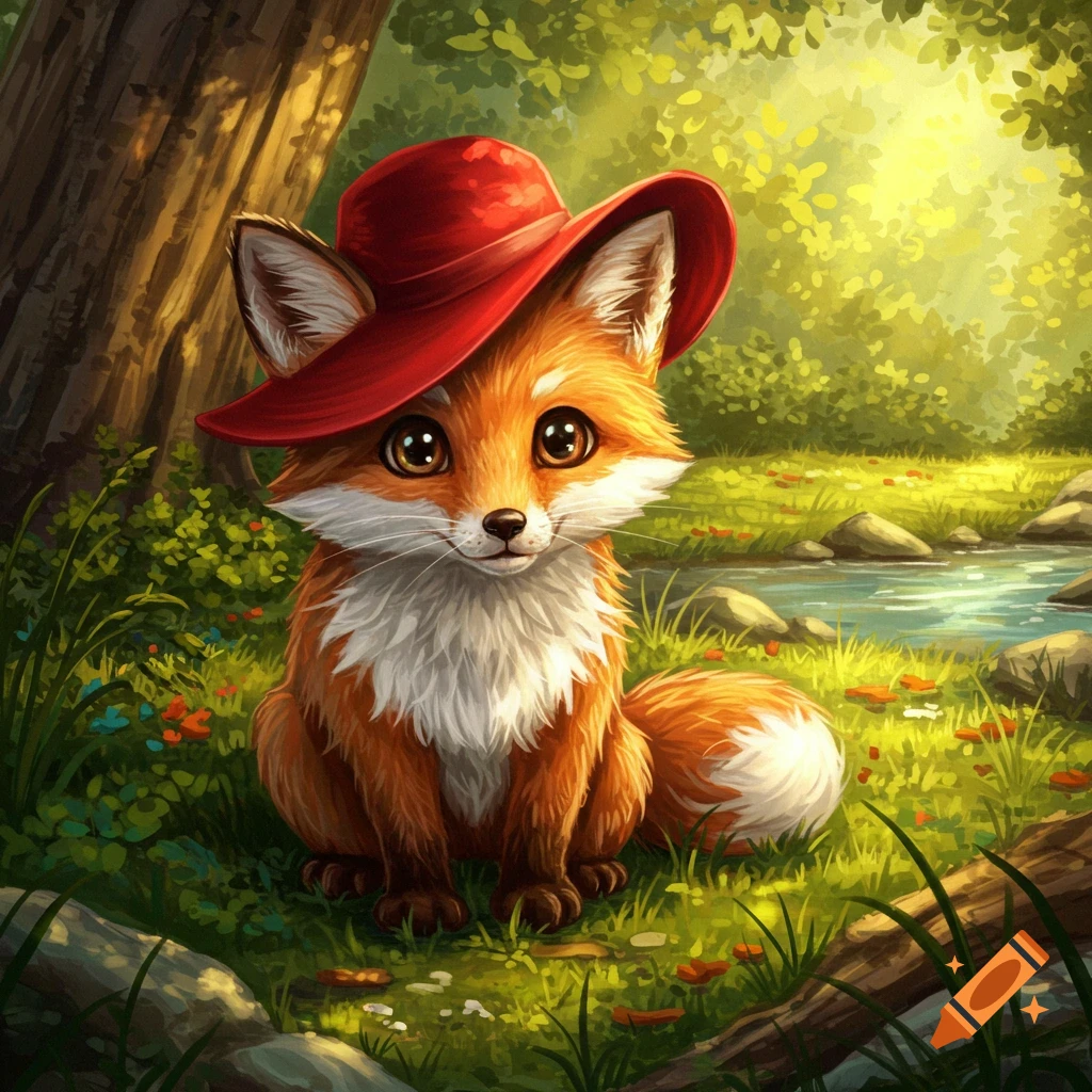 A cute, stylized fox wearing a red hat sits in a lush green forest by a small stream.