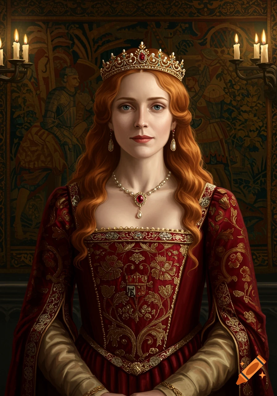 A portrait of a red-haired medieval queen in a red and gold gown with a crown and pearls, against a tapestry.