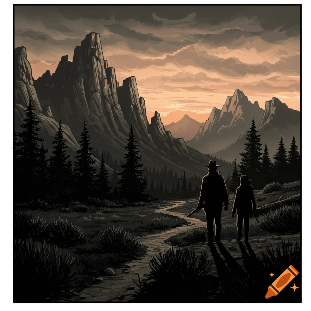 Two silhouetted figures walk a winding path through a dark forest towards towering mountains under an orange, cloudy sky in a noir comic book style.