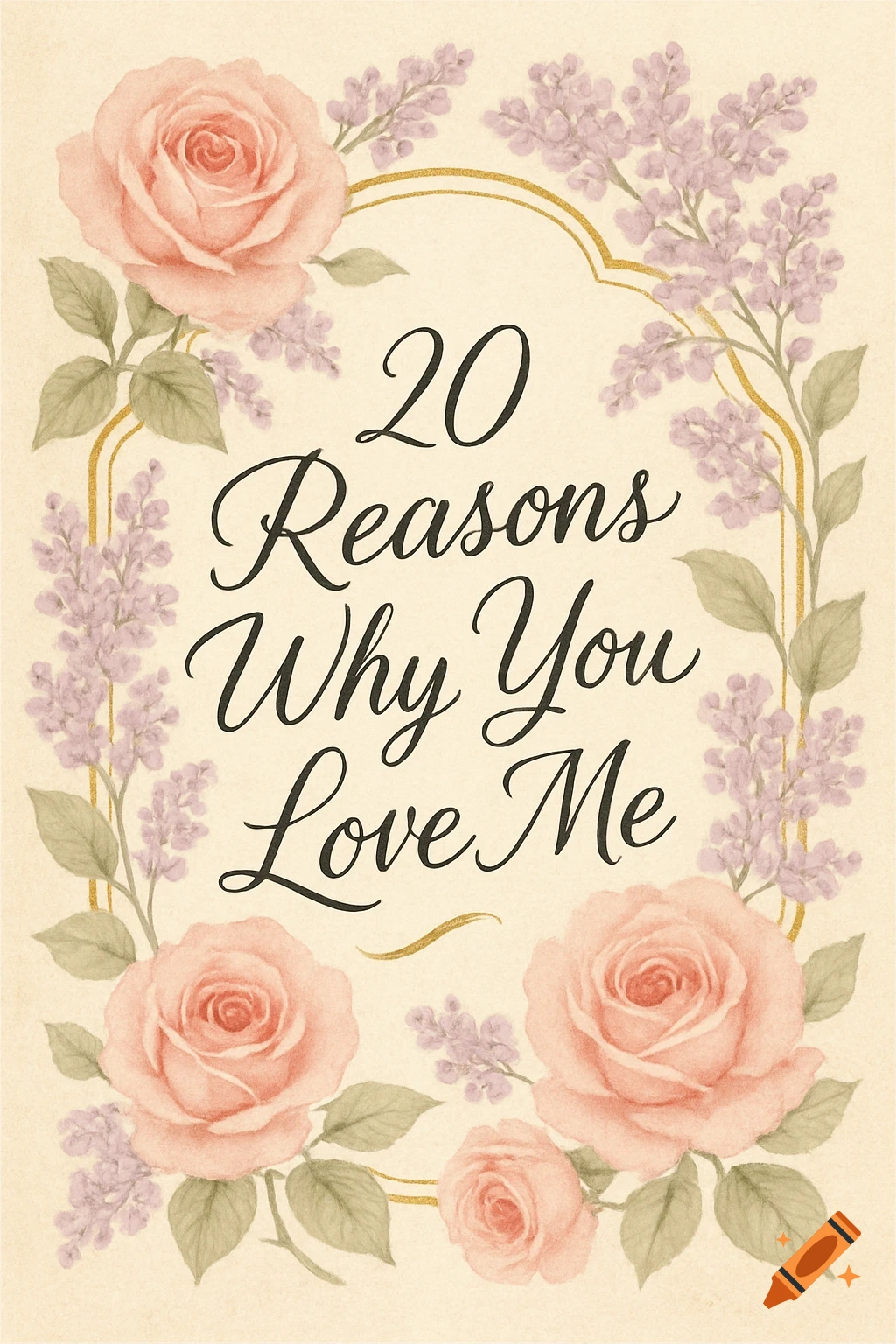 Vintage watercolor book cover titled '20 Reasons Why You Love Me' with pink roses, purple lilacs, and a gold frame.