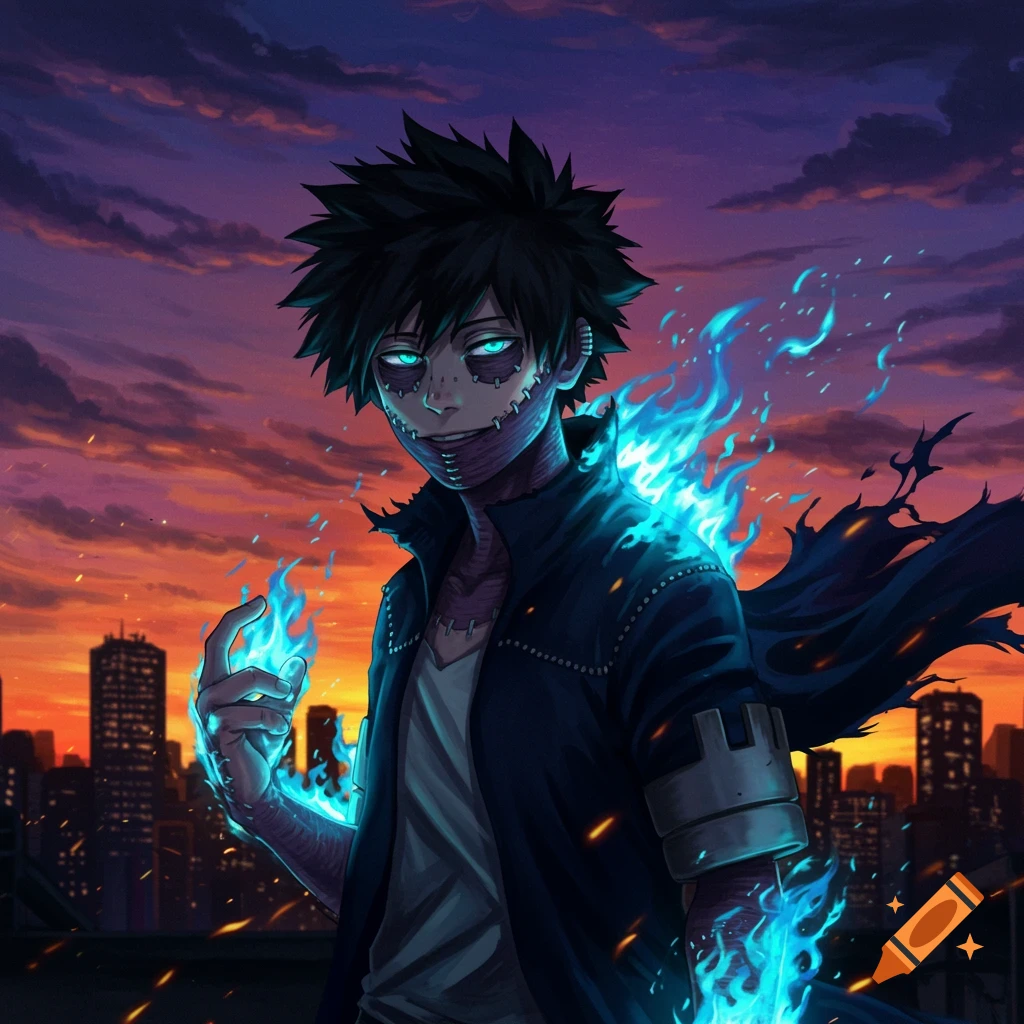 Anime character with spiky black hair, scarred skin, glowing blue eyes, and blue flames against a sunset city skyline.