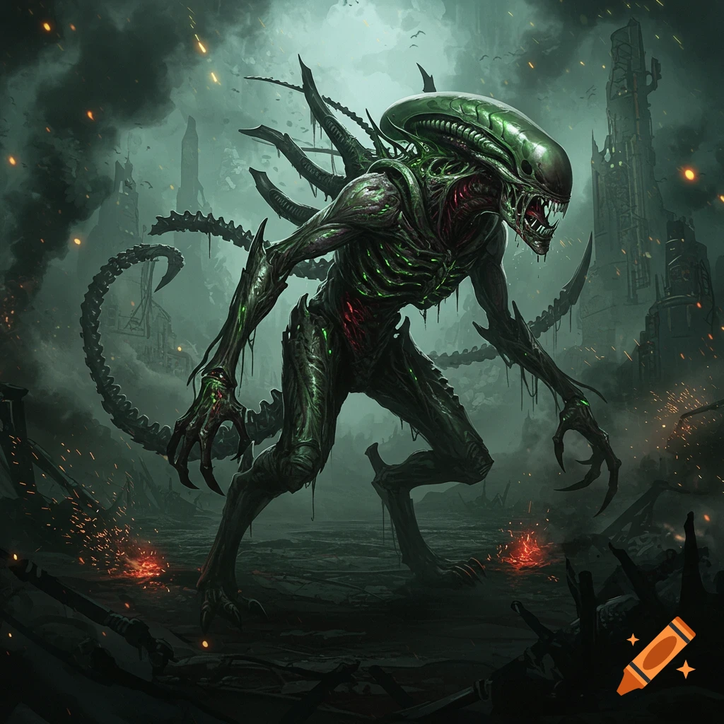 A menacing, green and black biomechanical monster with an elongated head, sharp claws, and a long tail stands amidst the ruins of a dark, smoke-filled city.