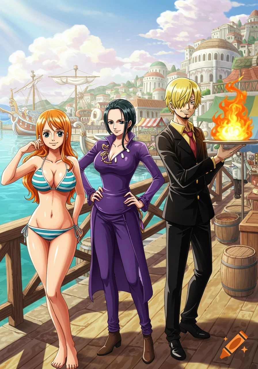 Anime characters Nami, Robin, and Sanji on a pier overlooking a harbor city, with Nami in a bikini and Sanji holding a fiery dish.