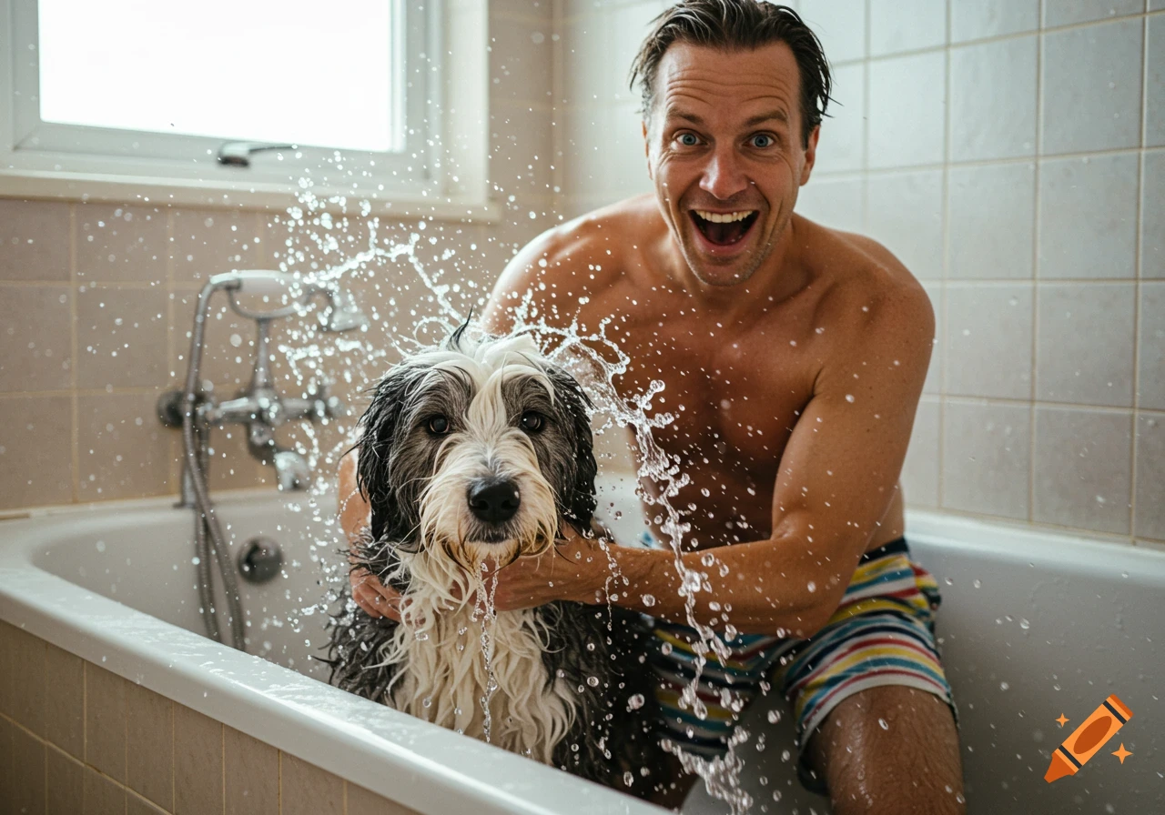 Grinning man in striped shorts giving an Old English sheepdog a bath in a tub with water splashing.