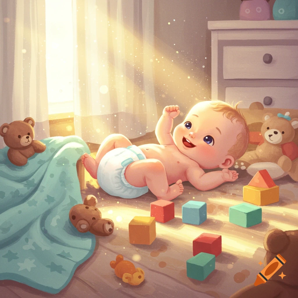 A happy baby in a diaper lies on a sunlit nursery floor surrounded by colorful blocks and teddy bears in a whimsical illustration.