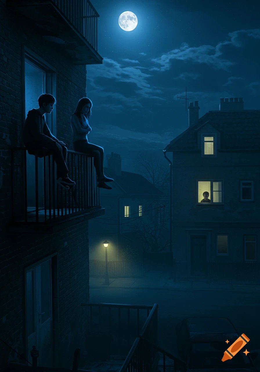 Two people sit on a balcony at night under a full moon, looking across at a house where a child peeks from a window.