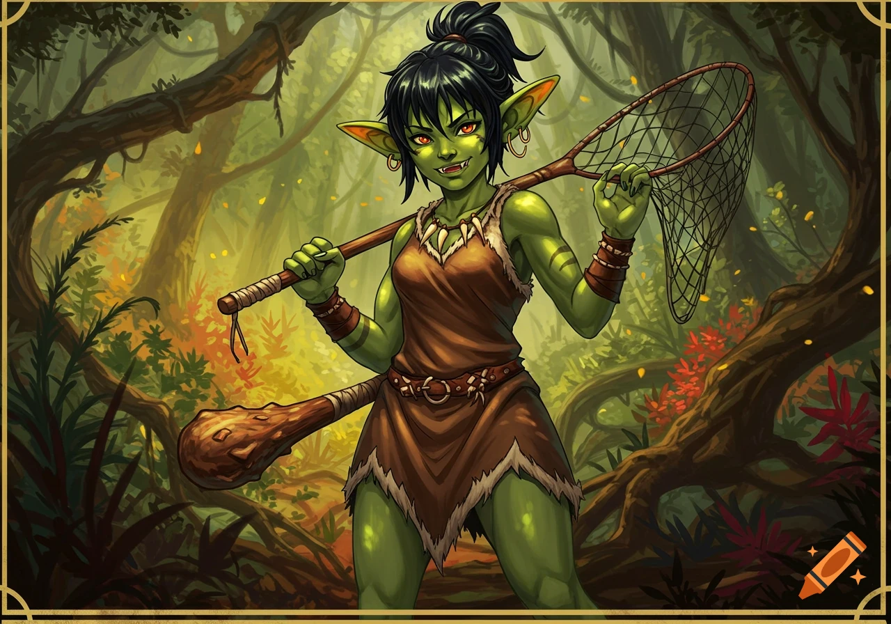 Anime style female goblin with green skin, black hair, holding a net and a club in a lush forest.