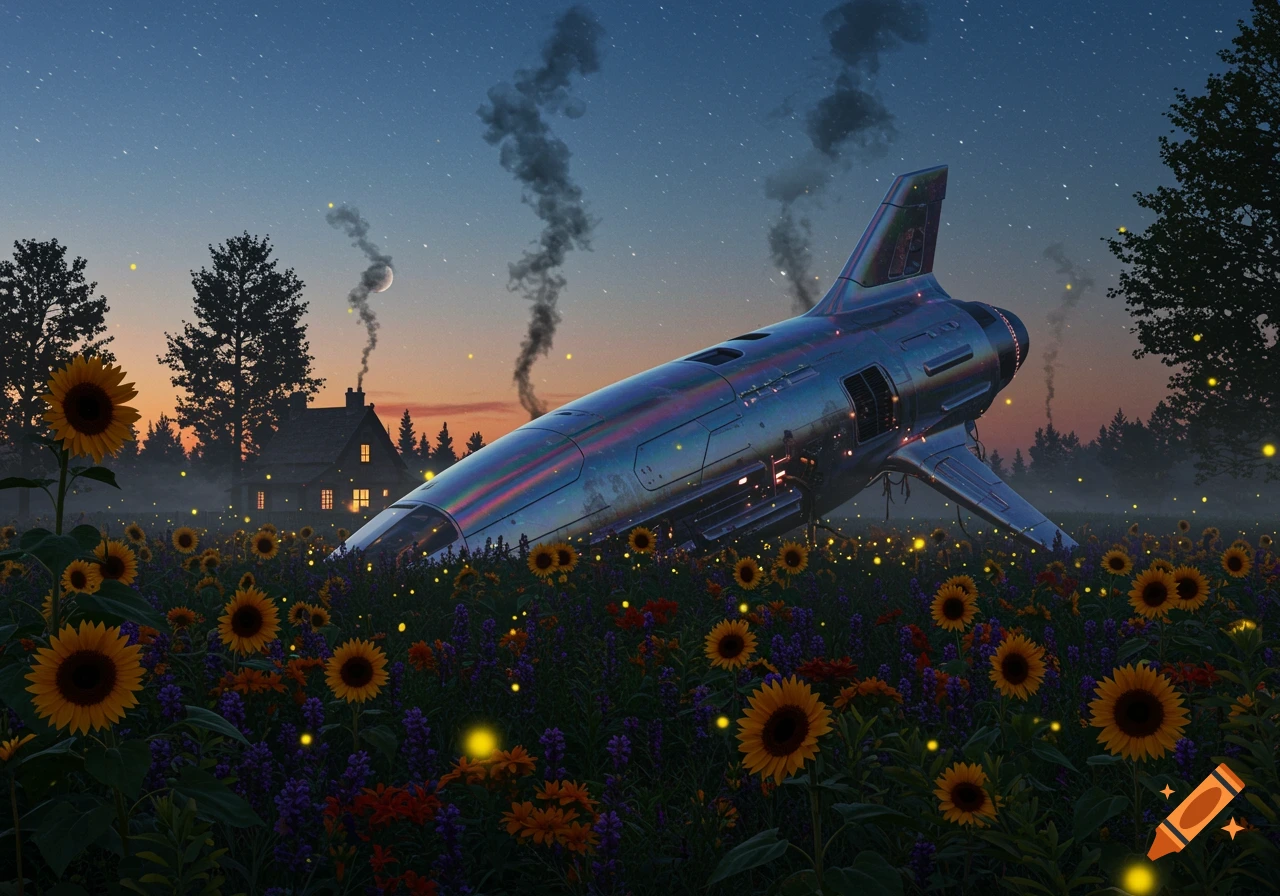 A silver spaceship is crashed in a field of sunflowers and purple flowers, with a small farmhouse in the distance under a starry twilight sky.