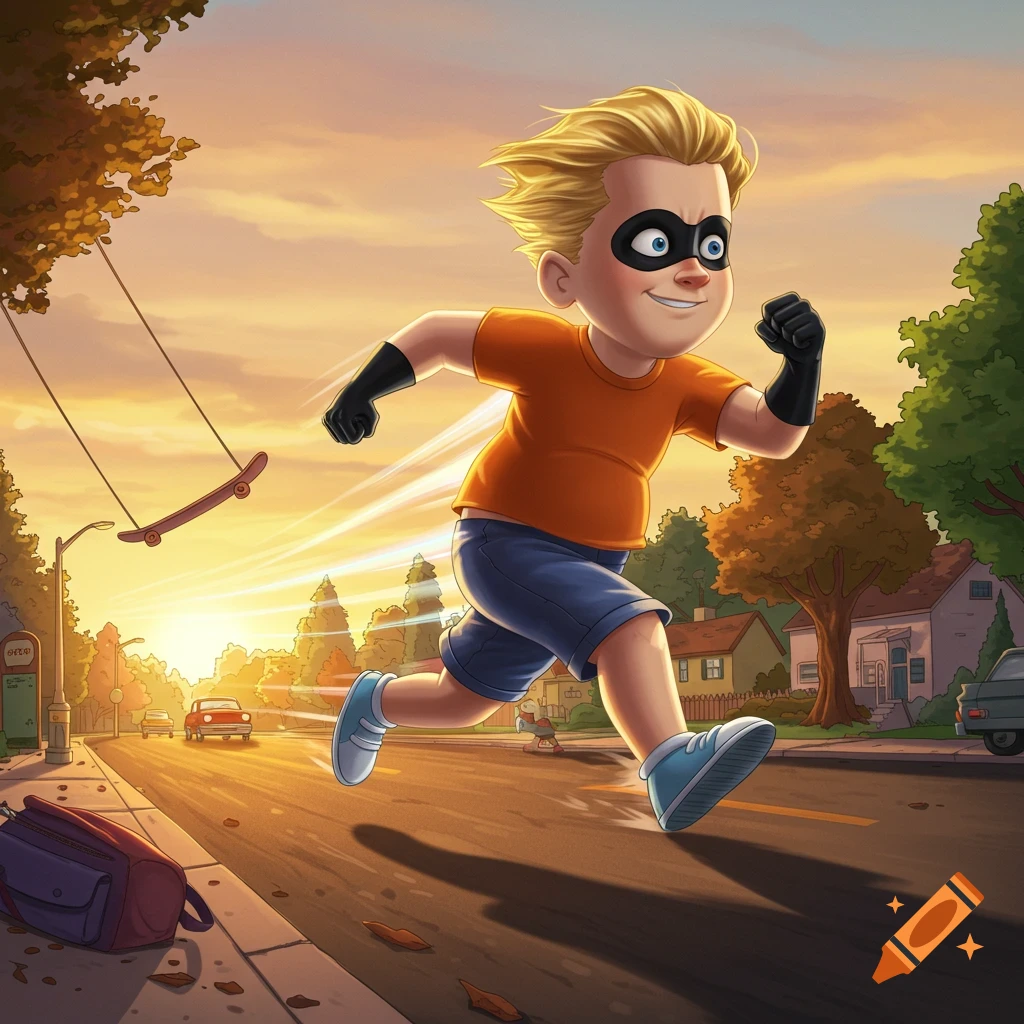 Cartoon of Dash Parr from The Incredibles, in an orange shirt and black mask, running super fast down a suburban street at sunset.