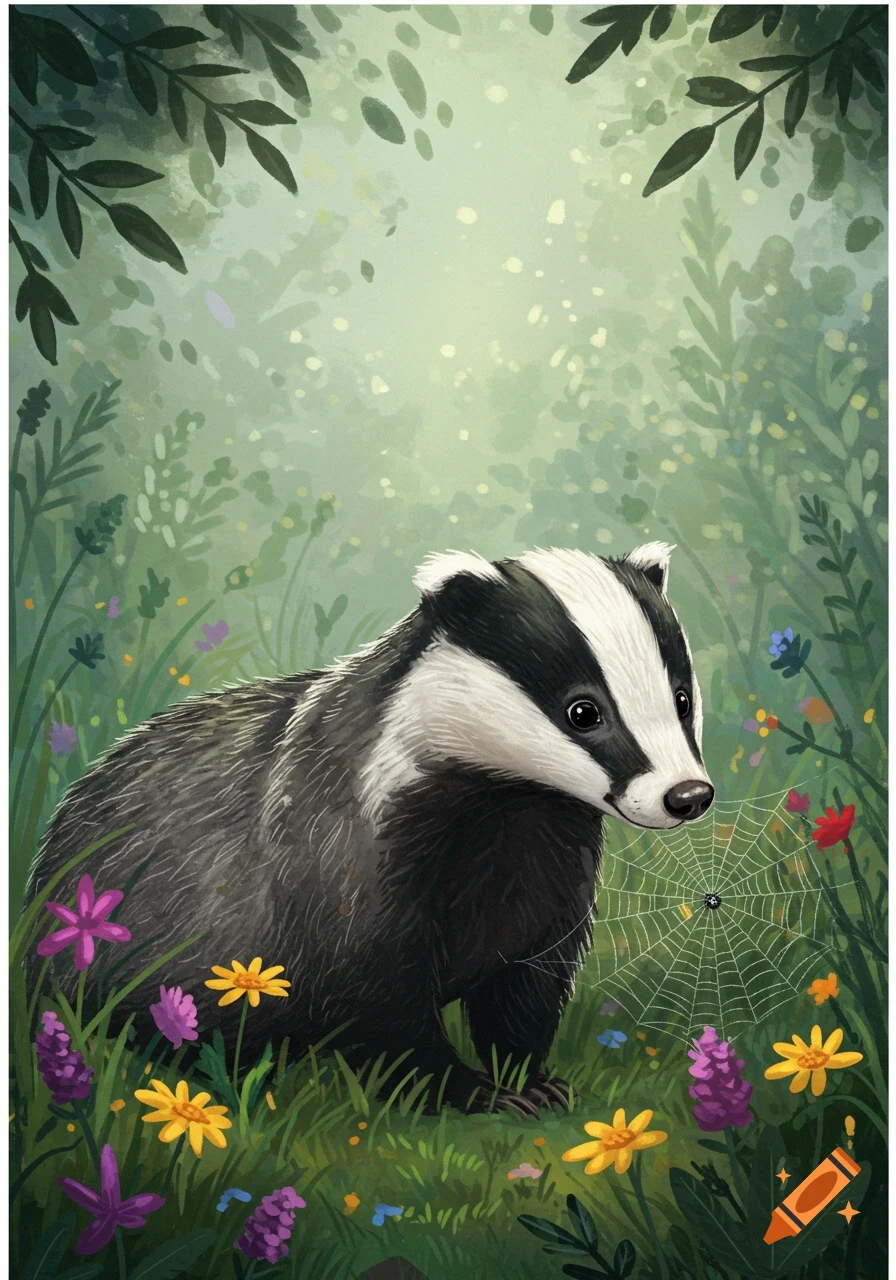 A stylized illustration of a badger with black and white stripes, standing in a lush green forest clearing surrounded by colorful flowers and a spiderweb.