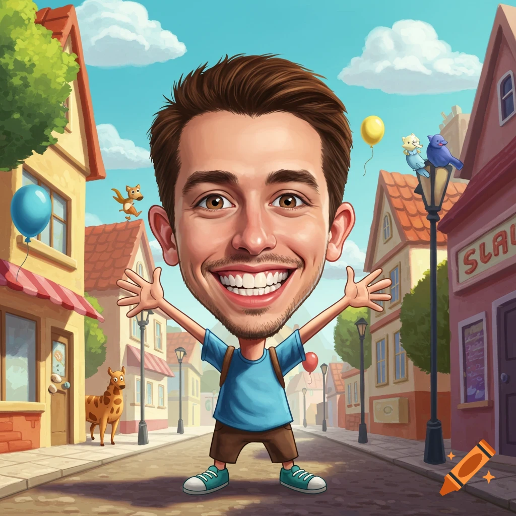 Cartoon caricature of a man with a large head, small body, standing in a street with houses.