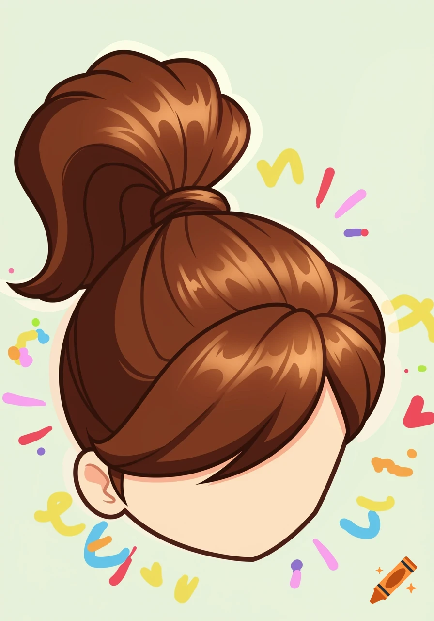 A cartoon illustration of a brunette's head from a bird's eye view, showing a ponytail and an ear, surrounded by colorful squiggles.