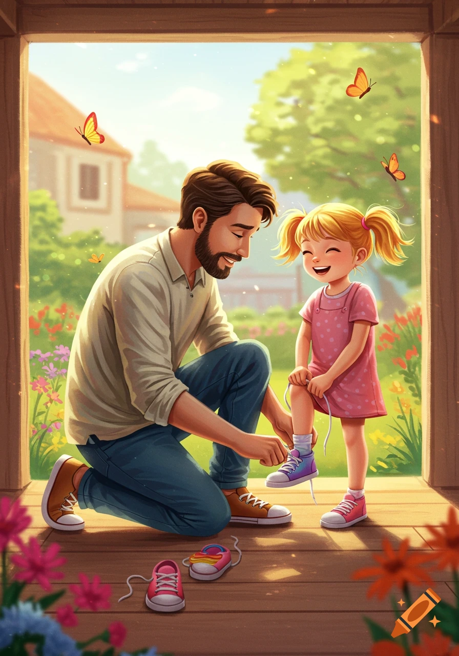 A colorful illustration of a father kneeling to help his smiling daughter tie her shoes on a wooden porch, with butterflies in a sunny garden.