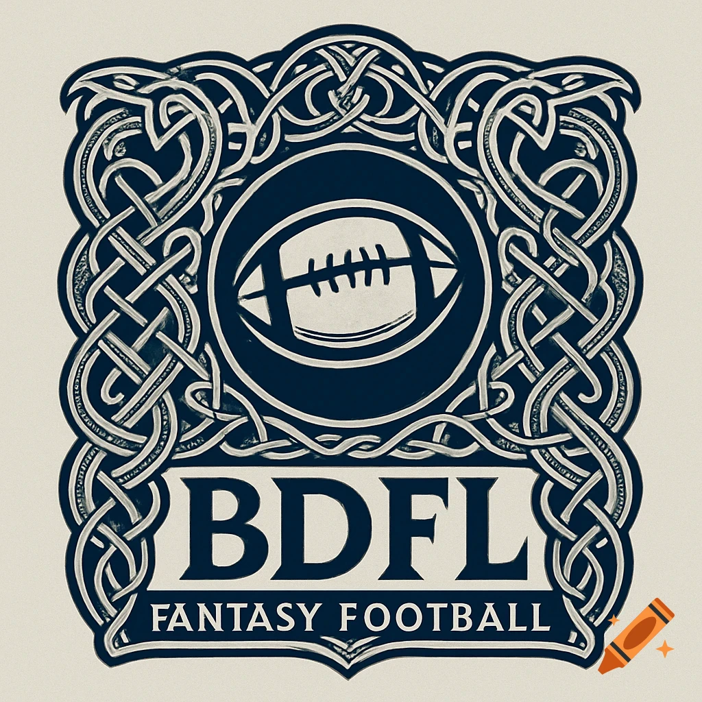 A Nordic style logo for BDFL Fantasy Football, featuring a football within an intricate Celtic knotwork border.