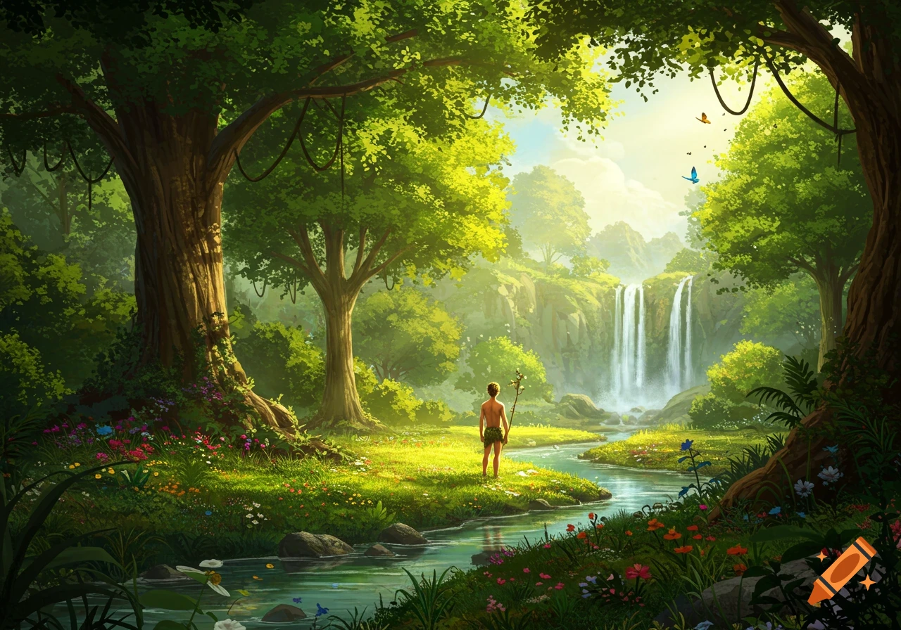 A lone figure stands in a lush, vibrant fantasy forest with a waterfall and winding river, bathed in warm sunlight.