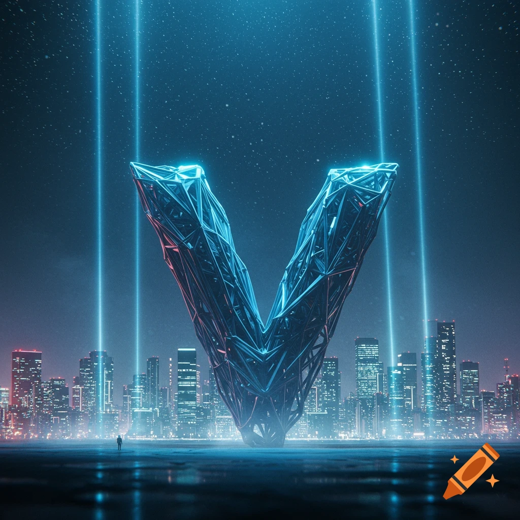 A giant glowing blue crystalline letter V stands tall in a futuristic cityscape at night, with light beams shooting upwards.