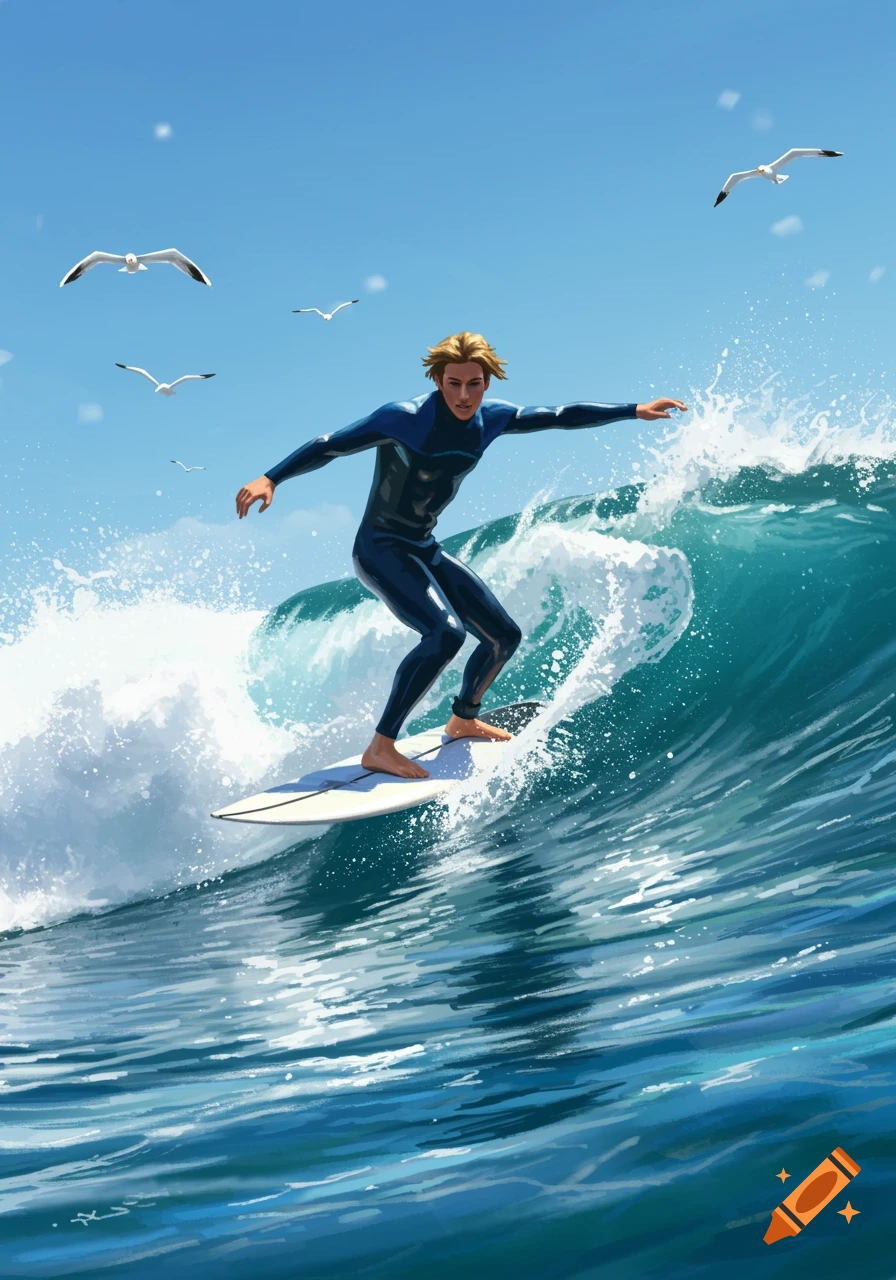 An illustrated man with blonde hair surfs a large blue wave under a clear sky with seagulls.
