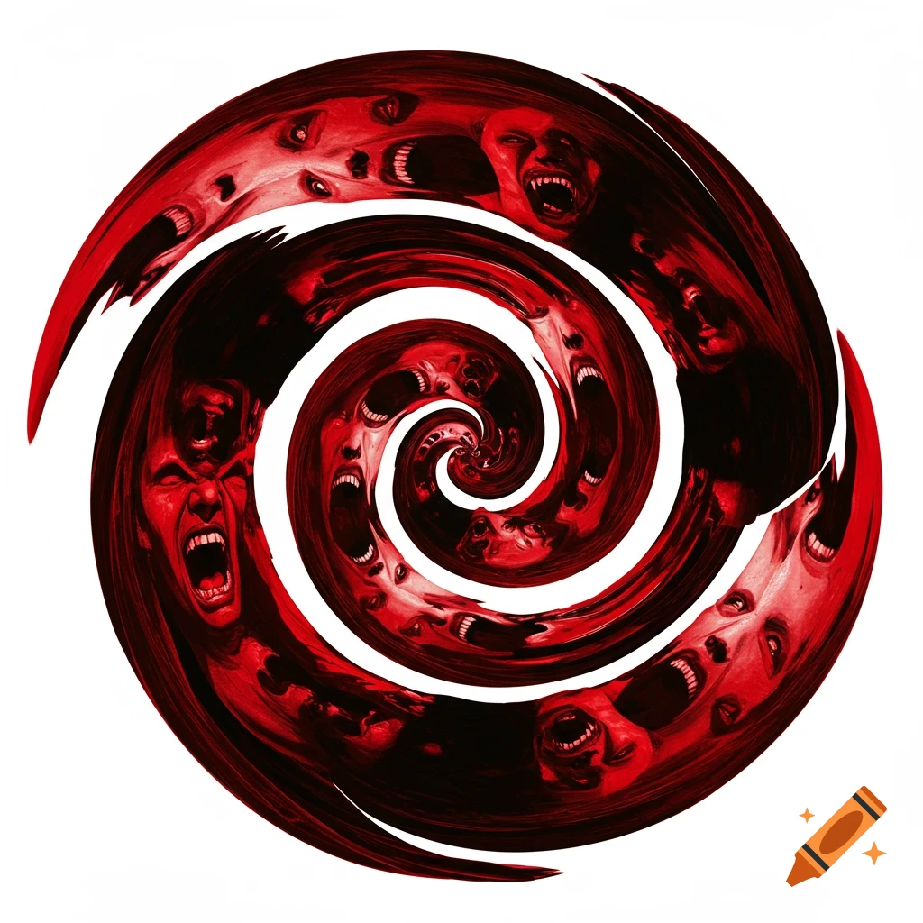 A red, black, and white spiral composed of numerous screaming, distorted faces.