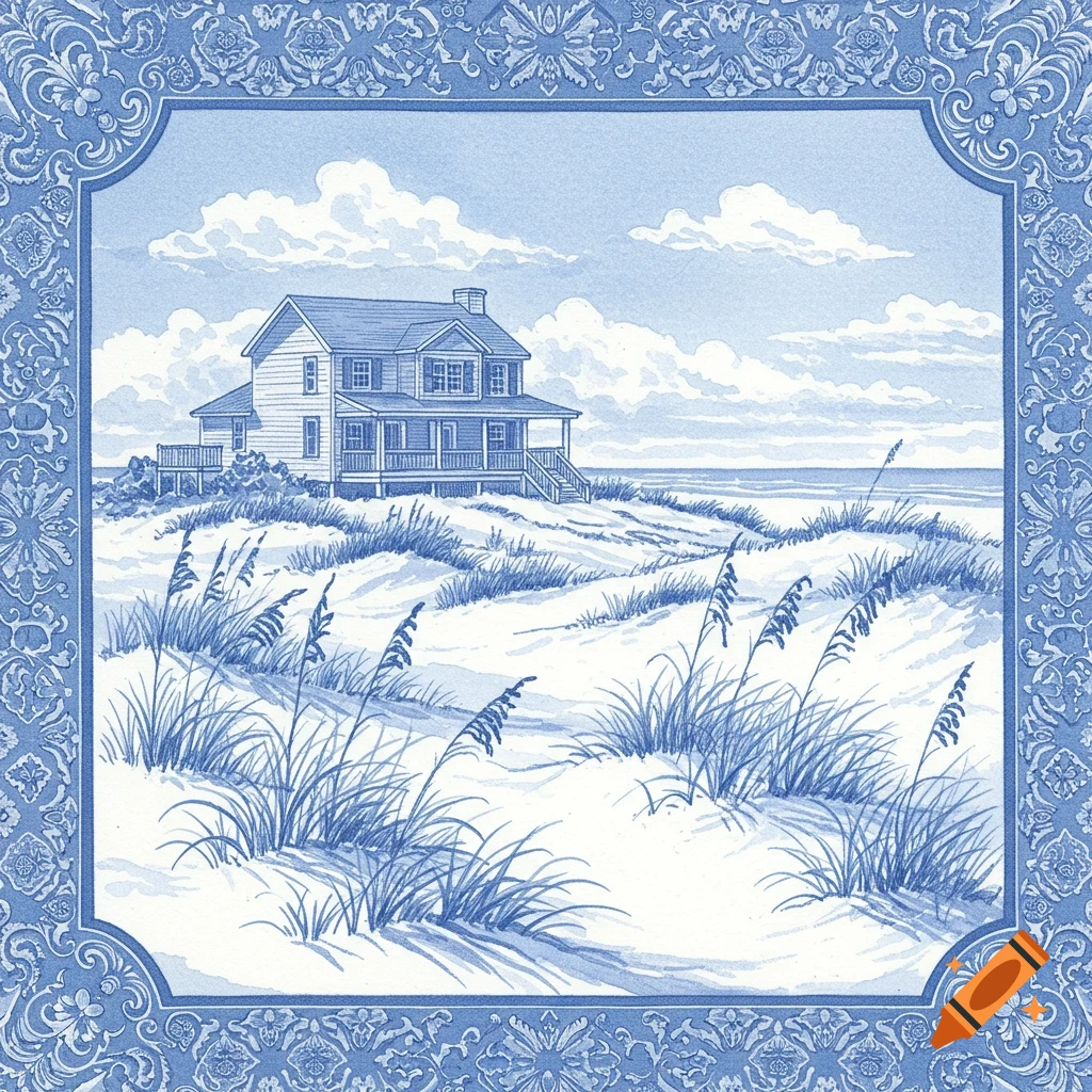 Blue toile illustration of a beach house on dunes overlooking the ocean, framed by an ornate blue border.
