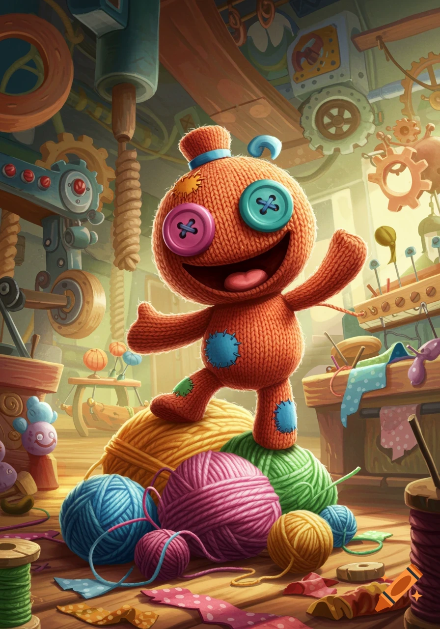 A happy orange knitted toy with button eyes stands on colorful yarn balls in a vibrant, cartoonish craft workshop.