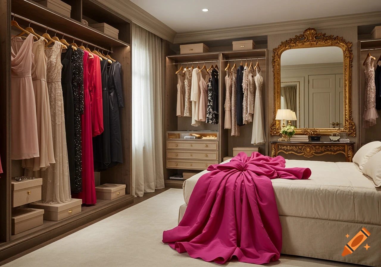 A luxurious walk-in closet with various dresses on hangers, a large gold mirror, and a vibrant pink fabric draped on the bed.