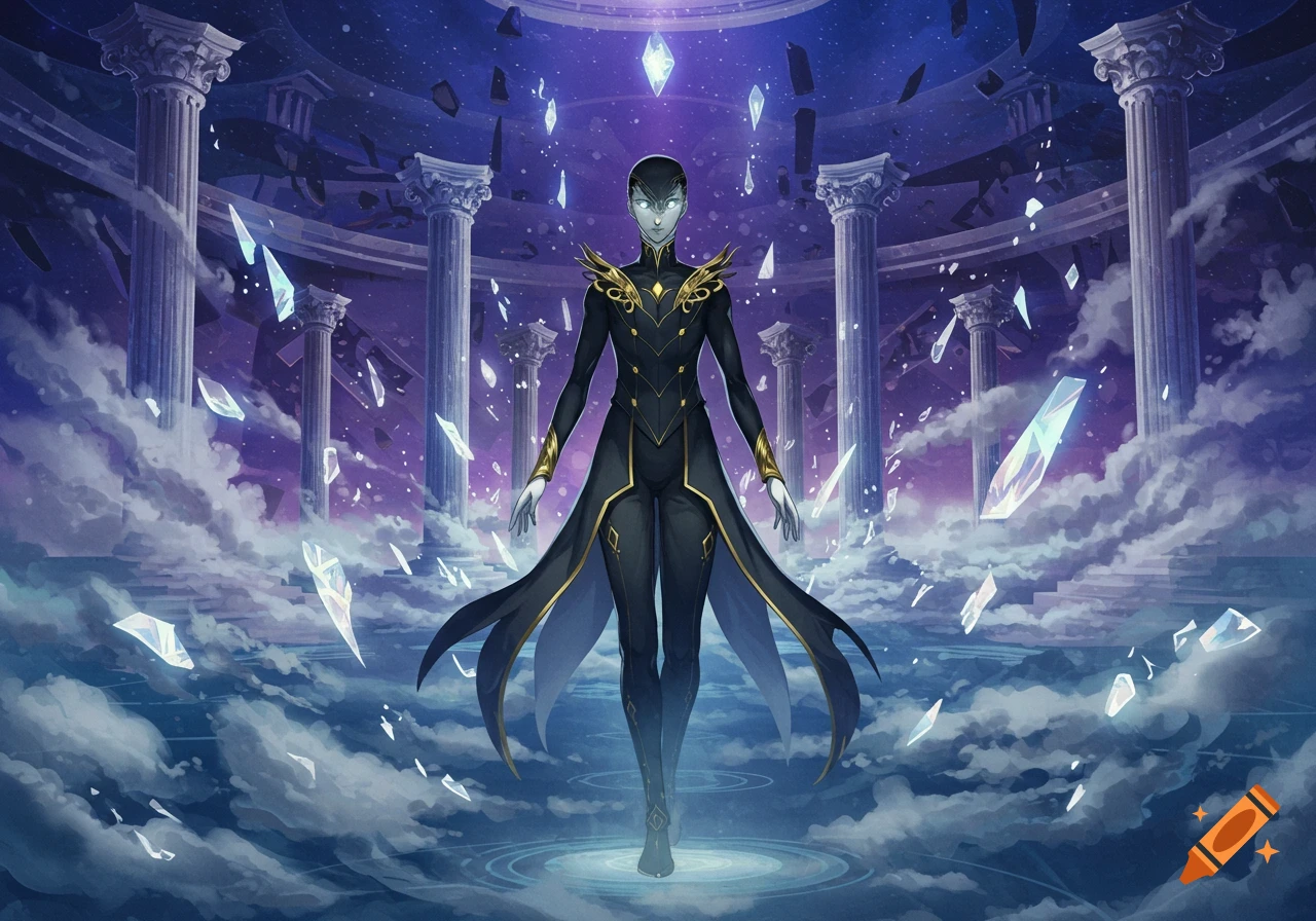 A stylized character in a black and gold suit stands among glowing crystals and ruined pillars under a cosmic purple sky, in an anime art style.