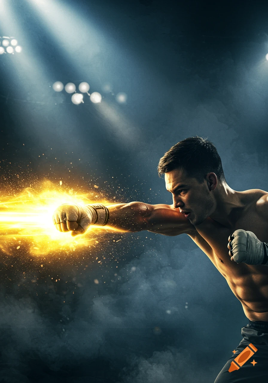 A male boxer throws a powerful punch with a glowing yellow light trail in a smoky, dark arena under spotlights.