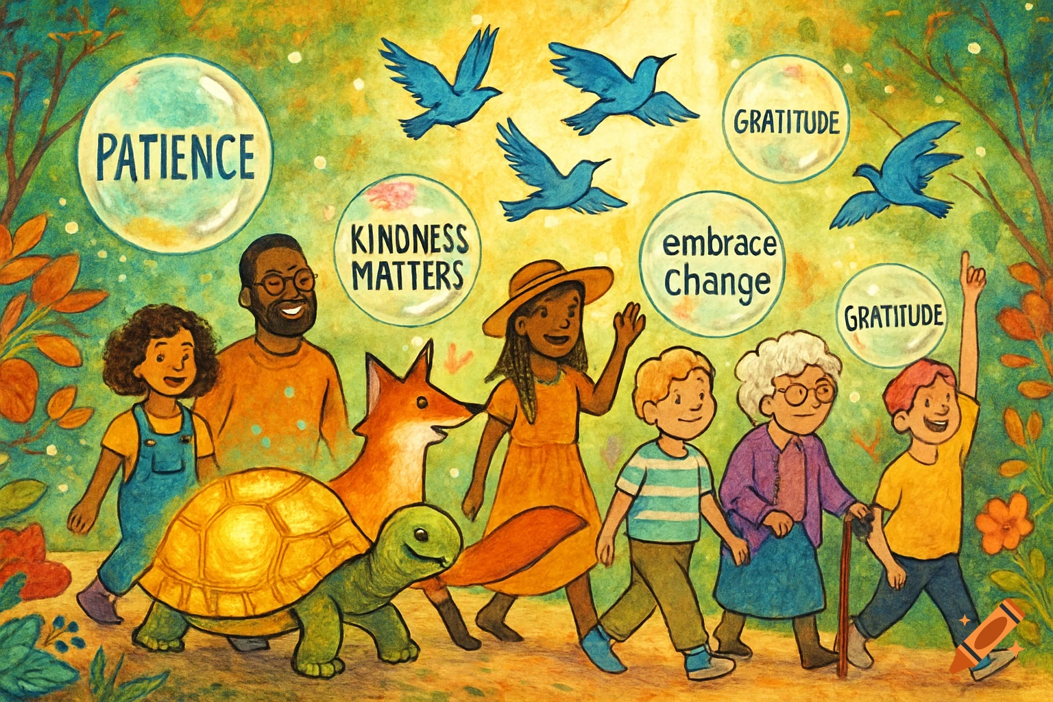 Watercolor illustration of diverse people, a fox, and two turtles walking in a vibrant landscape with bubbles of text: Patience, Kindness Matters, Embrace Change, Gratitude.