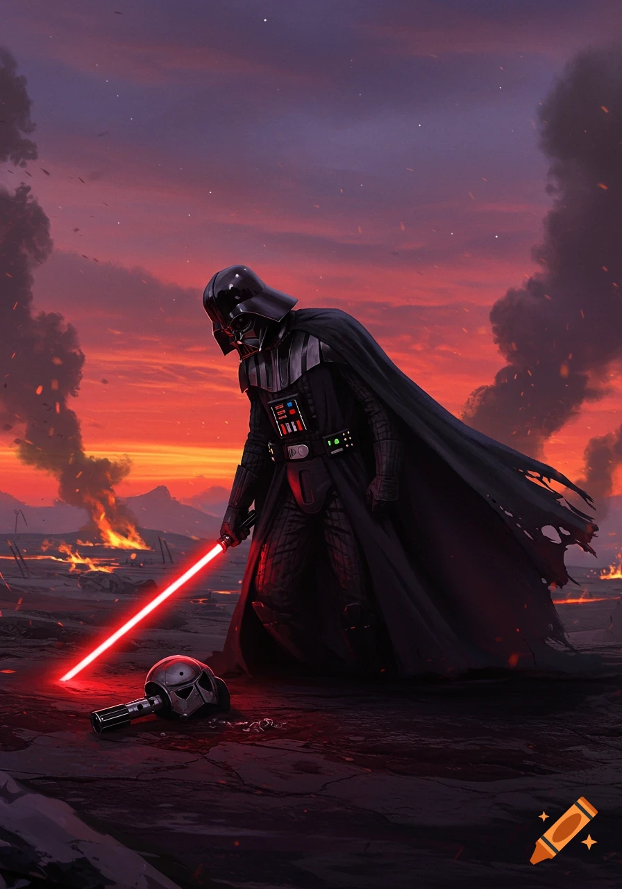 Darth Vader stands with a red lightsaber over a discarded helmet on a fiery, desolate battlefield at sunset.