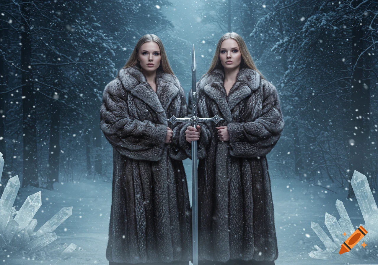 Two blonde women in grey fur coats hold a two-handed sword in a snowy forest with ice crystals at their feet, photorealistic.