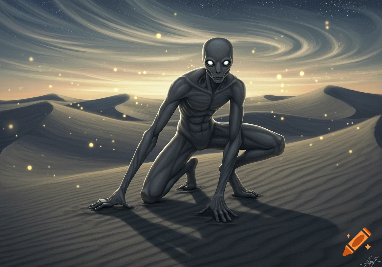 A grey-skinned humanoid alien creature crouches in a stylized desert landscape under a starry sky with glowing particles.