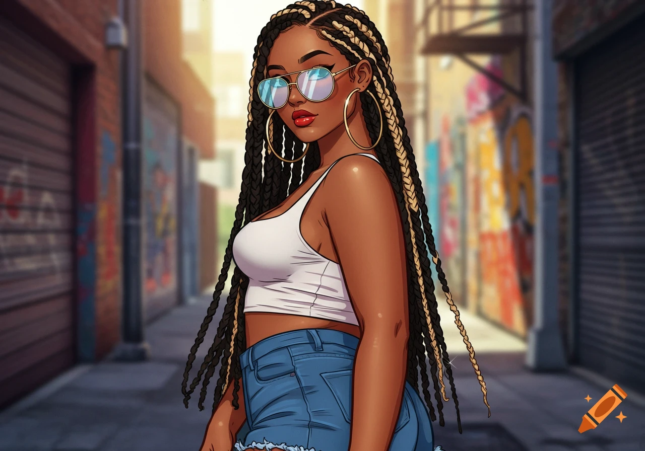 Cartoon of a woman with long braids, sunglasses, a white crop top, and jean shorts in an urban alley.
