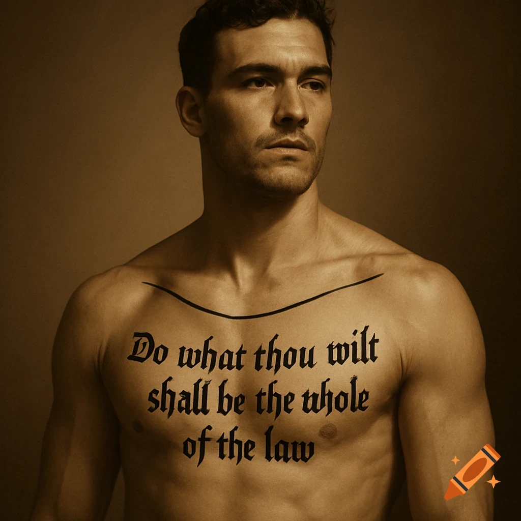 Sepia-toned portrait of a shirtless man with a chest tattoo reading 'Do what thou wilt shall be the whole of the law'.