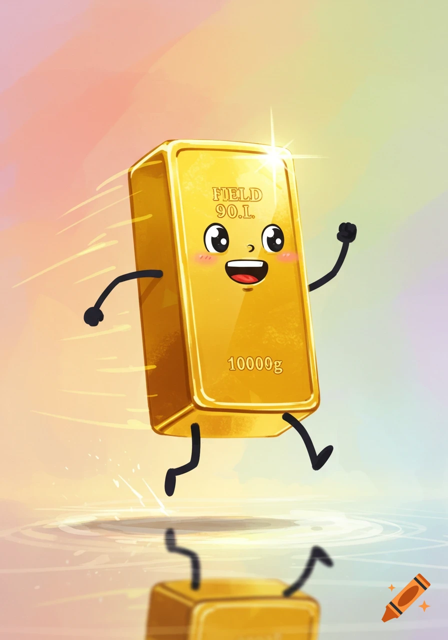 A happy cartoon gold bar with stick arms and legs runs with a joyful expression, its reflection visible below.