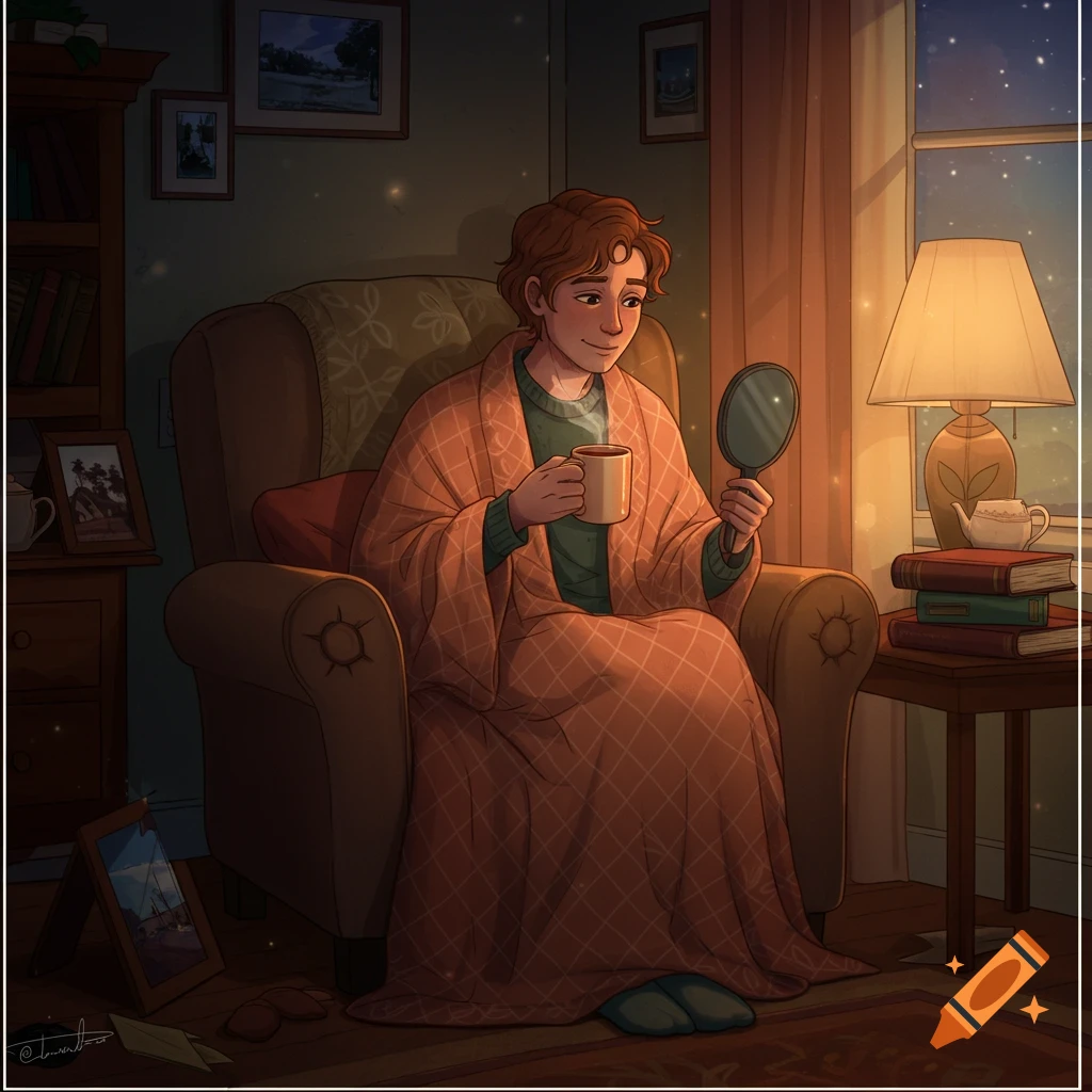 An illustrated person wrapped in a blanket sits in an armchair, holding a mug and a mirror, in a cozy room at night.