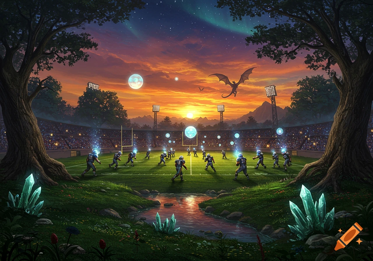 Fantasy football game at sunset with glowing crystals, floating moons, and a dragon flying over a stadium surrounded by nature.