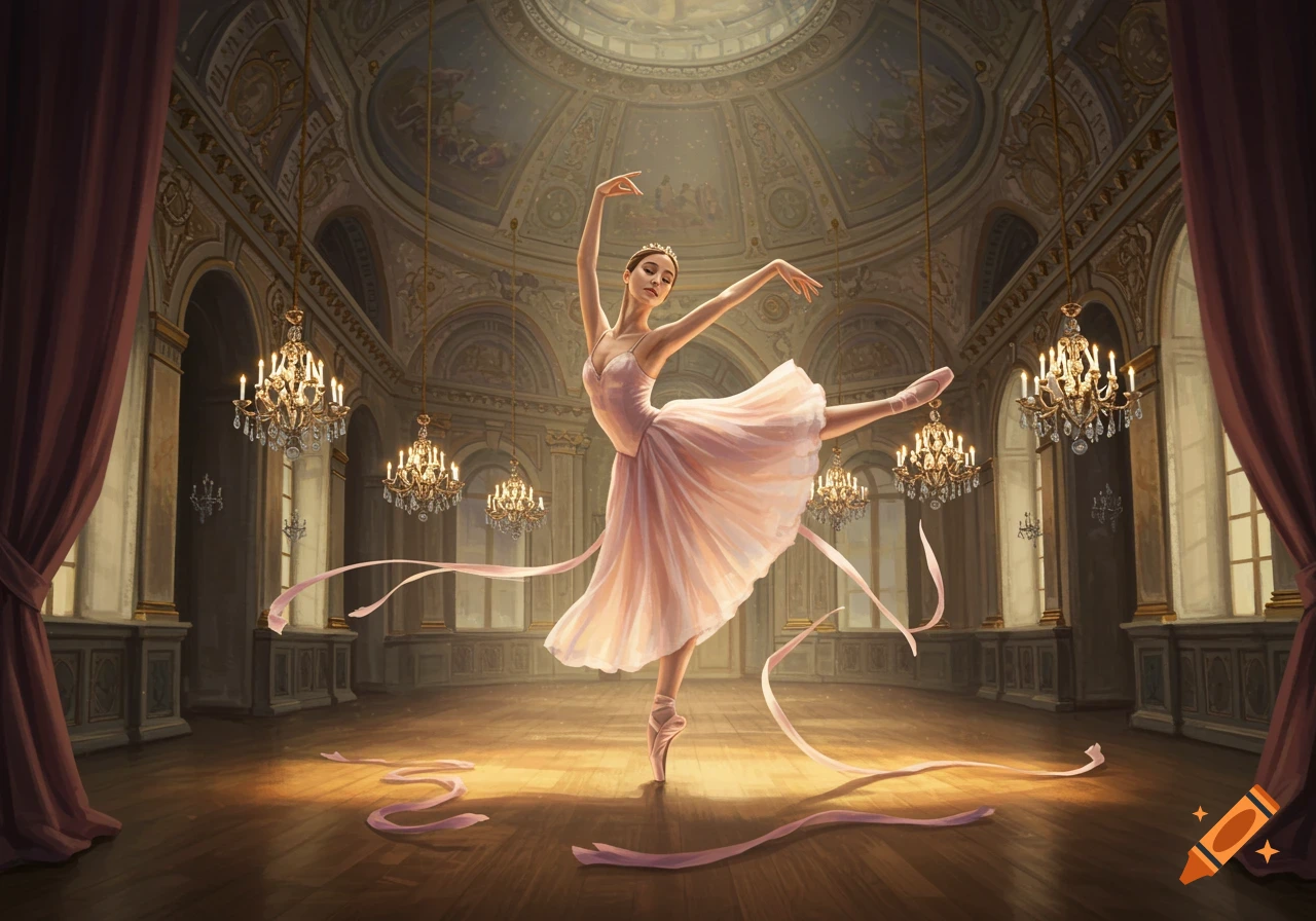 A ballerina in a pink tutu dances gracefully in a grand hall with chandeliers and flowing ribbons.