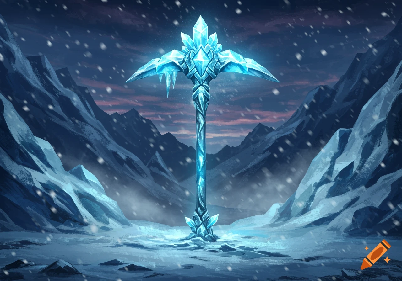 A glowing, mystical ice pickaxe stands upright in a snowy mountain valley with a pink and blue sky, a fantasy illustration.