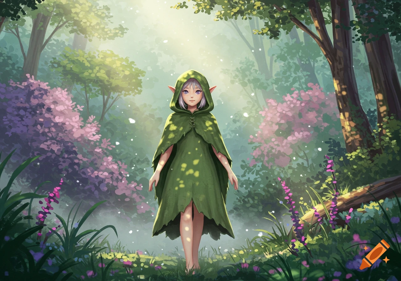 An elf character in a green hooded gown stands in an enchanted forest with sunlight filtering through the trees, in Ghibli art style.