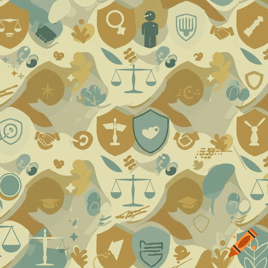 Seamless pattern of abstract symbols including scales, shields, and handshakes in muted blue, green, and brown on a beige background.