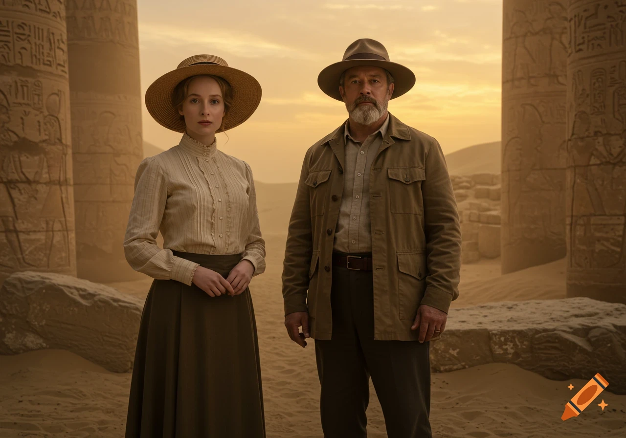 A man and a woman in historical explorer attire stand in a desert with ancient Egyptian ruins at sunset, photorealistic style.