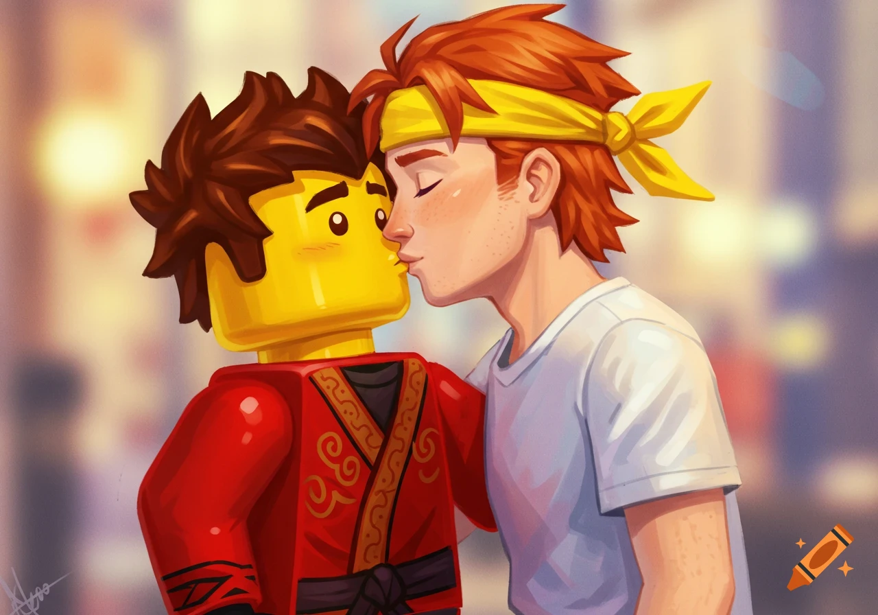 A ginger man kisses a yellow Lego Minifigure in a red ninja suit, digital art style.