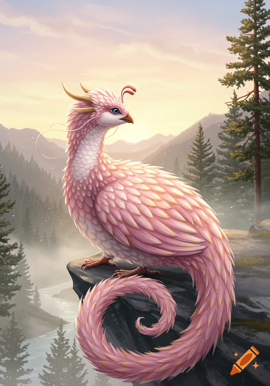 A majestic pink bird-like dragon with a feathered, curled tail perches on a cliff overlooking a misty mountain landscape at sunset.