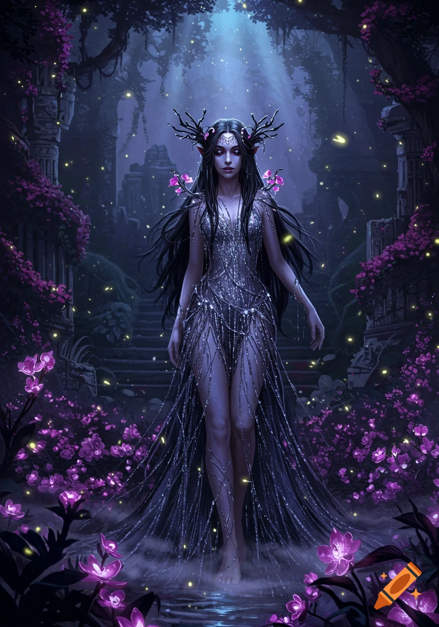 A mystical elf-like woman with antler-like headwear and a shimmering, sheer dress stands in a dark, magical purple forest with ruins and glowing fireflies.