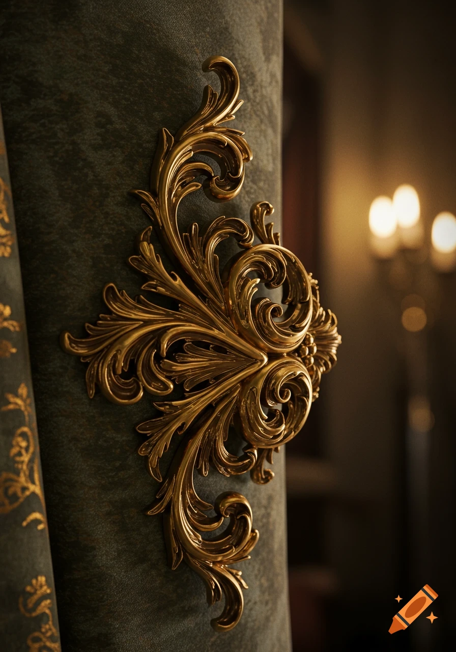 A detailed golden Baroque ornament on dark green textured fabric, with blurred background lights.