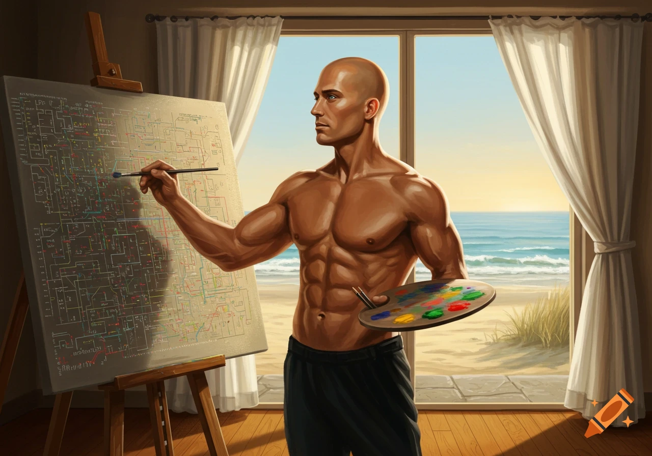 A muscular man with a shaved head and blue eyes paints complex, circuit-like diagrams on a canvas, with a beach and ocean visible outside a large window.