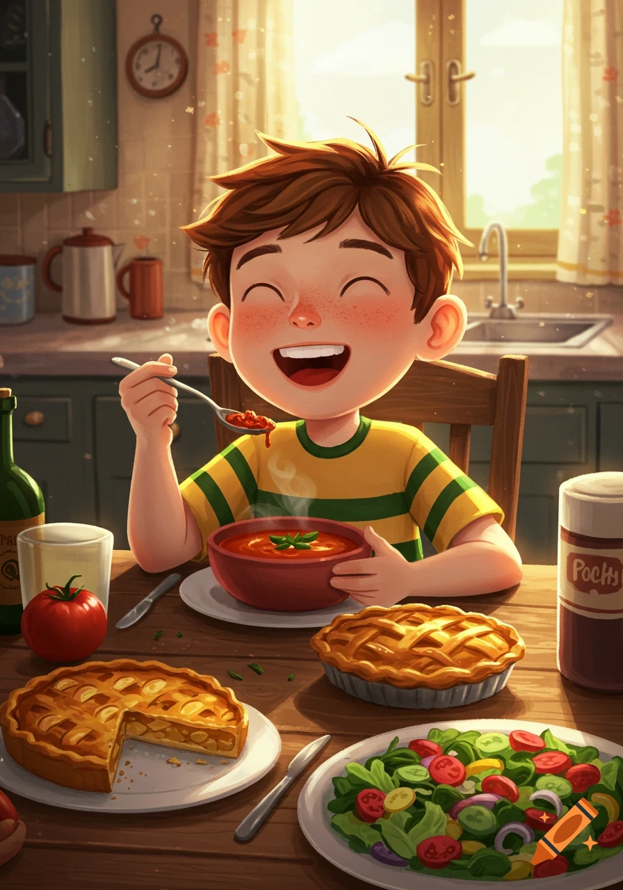 A happy cartoon boy with brown hair and freckles smiles widely while eating soup at a kitchen table filled with food.