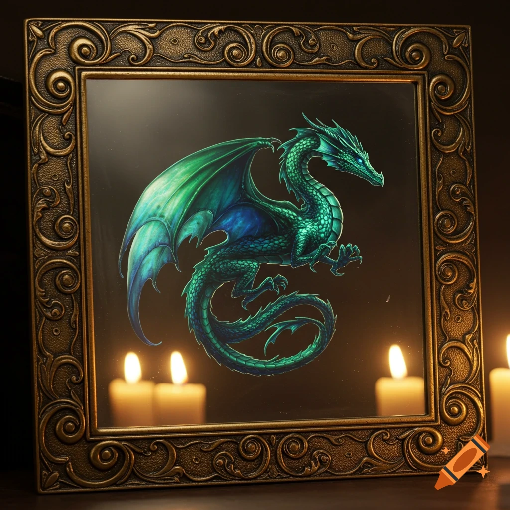 A vibrant green and blue dragon illustration reflected in an ornate square brass mirror, with three glowing candles below.