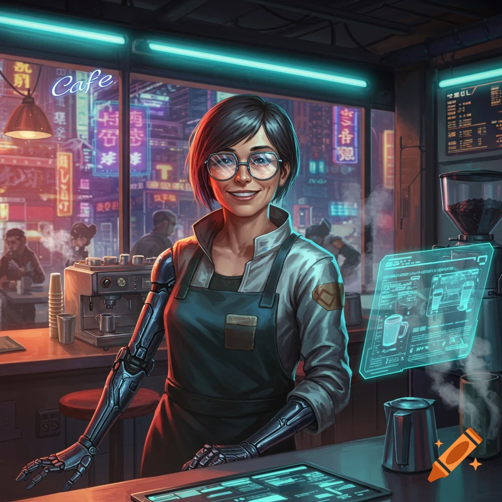 A smiling cyberpunk barista with a robotic arm and glasses stands in a neon-lit cafe with holographic displays in anime style.
