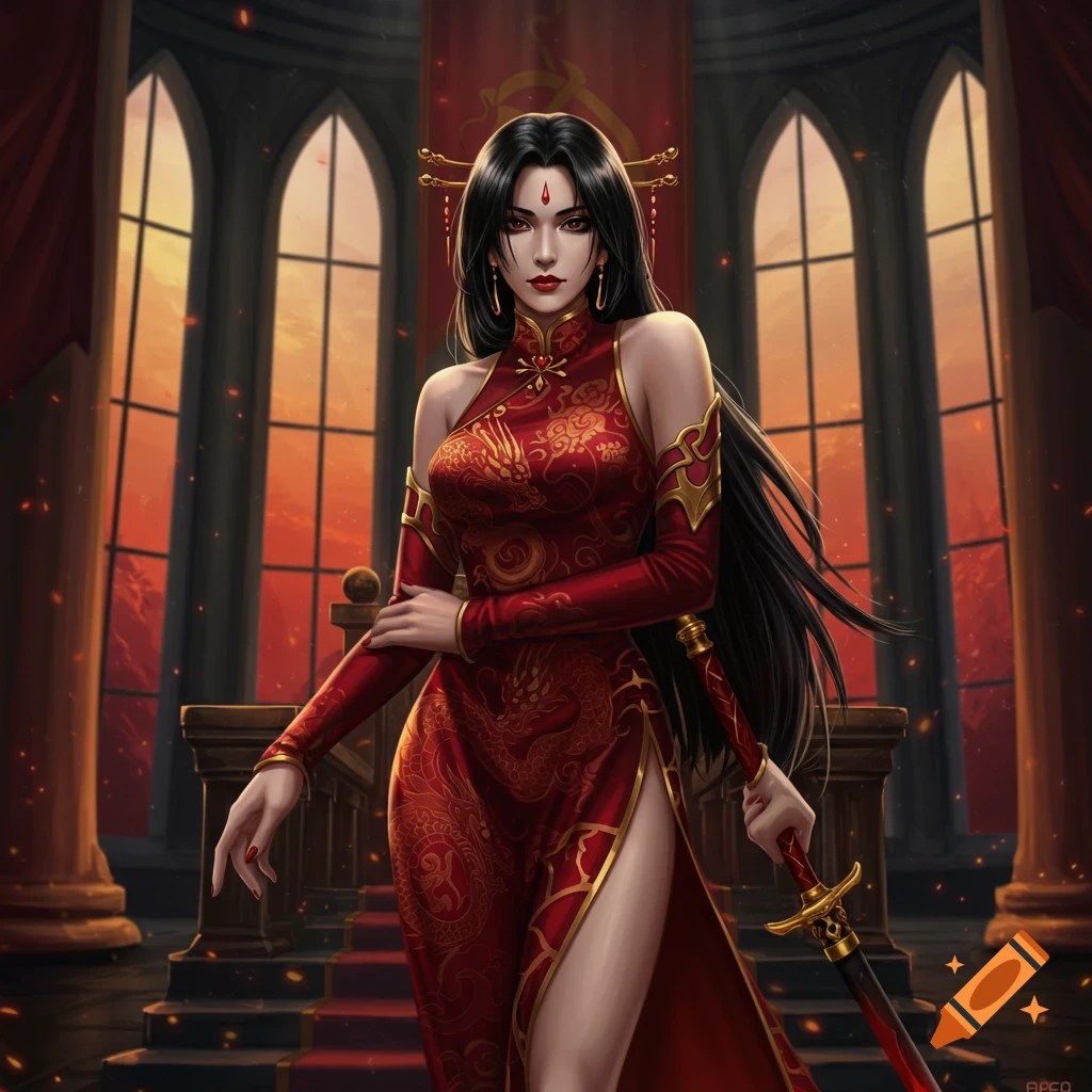 A powerful woman with long black hair in a red dragon-patterned dress holding a sword in a grand hall with arched windows and a sunset glow.